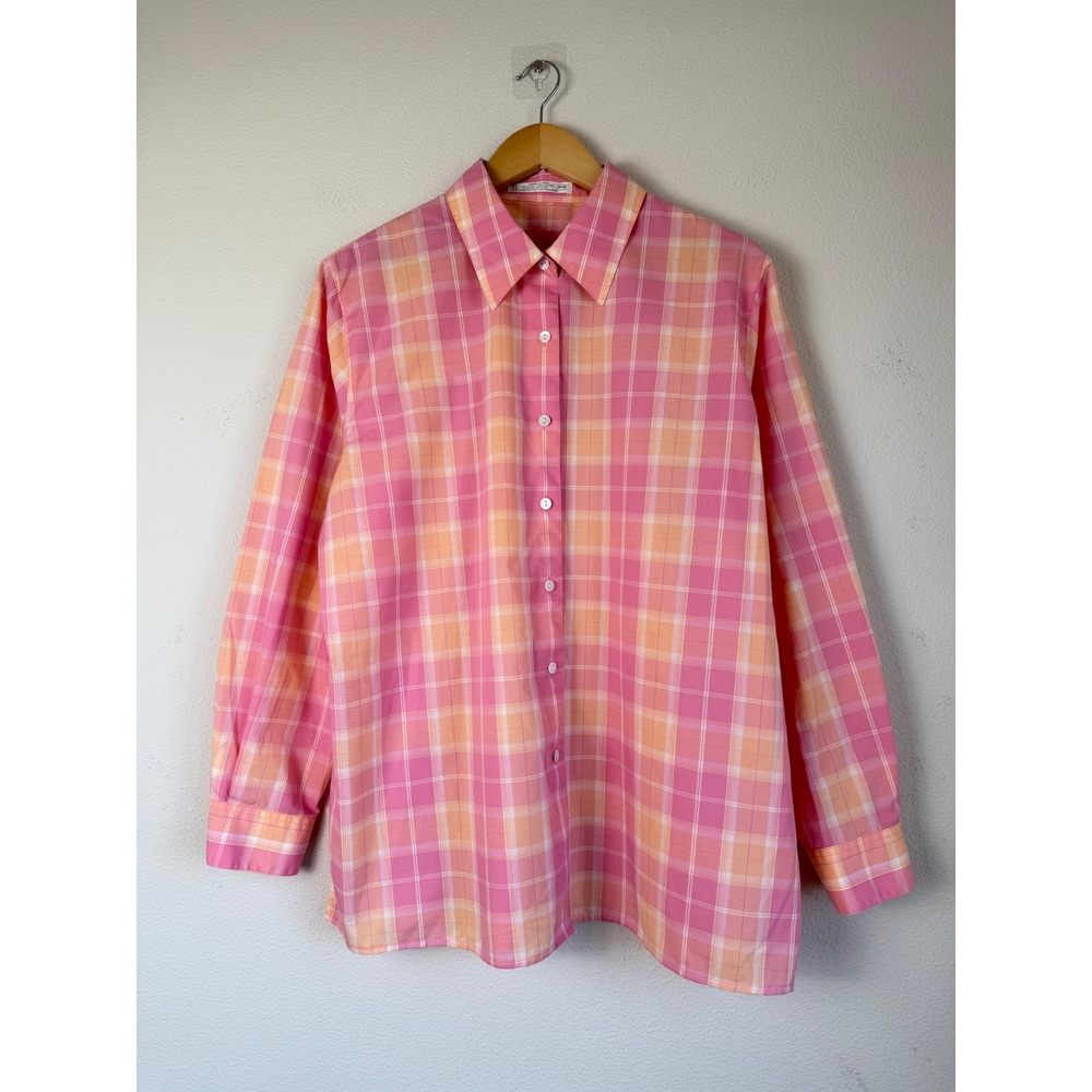 Foxcroft Womens Shirt 14W Pink Plaid Wrinkle Free Button Down Top Teacher Career